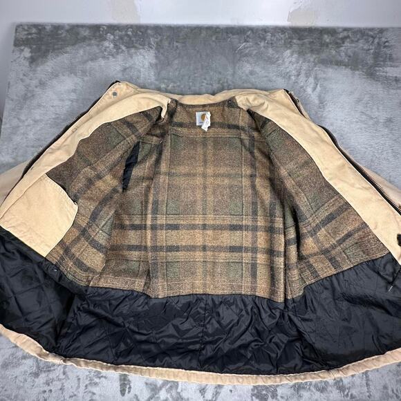 Vintage 80s Distressed Paint Splattered Carhartt Blanket Lined Beige ChoreCoat L - Picture 3 of 8